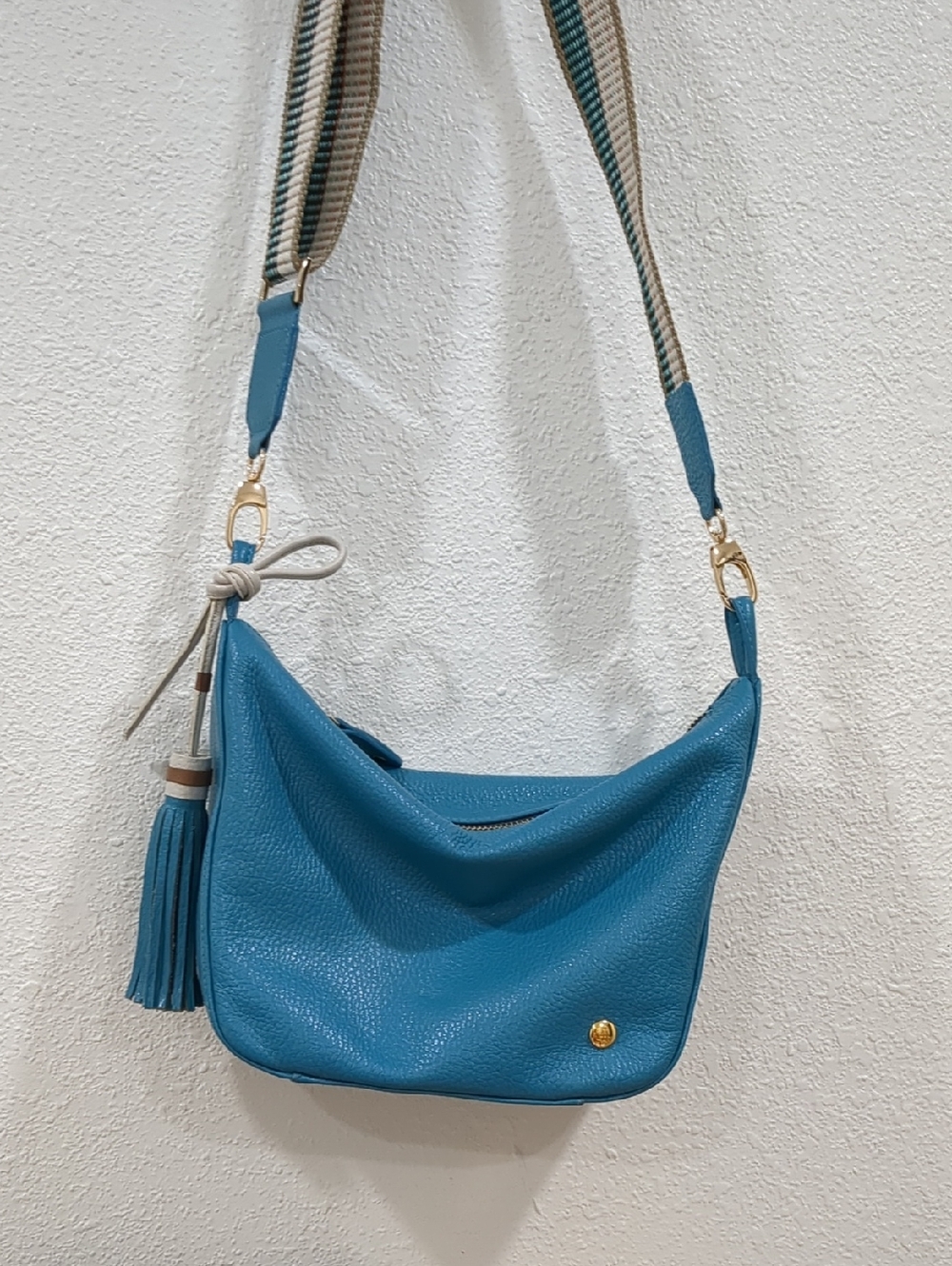 IMPORTED Blue Genuine Leather Crossbody Bag with Tassel Strap